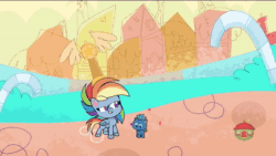 Size: 1280x720 | Tagged: safe, edit, edited screencap, screencap, rainbow dash, smallfry, earth pony, pegasus, pony, g4.5, my little pony: pony life, the best of the worst, animated, colt, female, grand theft auto, male, mare, meme, smol, sound, squished, treehouse logo, trophy, wasted, webm