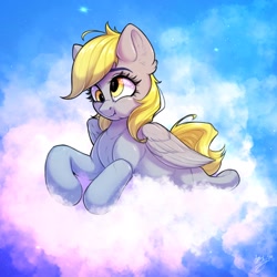 Size: 2048x2048 | Tagged: safe, artist:amishy, derpy hooves, pegasus, pony, g4, cloud, cute, derpabetes, ear fluff, female, high res, lying on a cloud, mare, on a cloud, prone, scrunchy face, solo