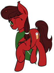 Size: 1633x2179 | Tagged: safe, artist:jacktality, oc, oc only, oc:malt decision, pony, unicorn, broken horn, brown mane, cape, clothes, colored, flat colors, horn, looking at you, older, one eye closed, ponytail, raised hoof, rapier, red fur, simple background, smiling, solo, sword, transparent background, unicorn oc, weapon