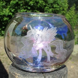 Size: 1024x1024 | Tagged: safe, artist:malte279, princess celestia, alicorn, pony, g4, craft, female, glass ball, glass engraving, mare, opalescence (glass), solo, spread wings, standing on two hooves, wings