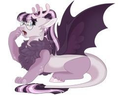 Size: 1024x800 | Tagged: safe, artist:gigason, oc, oc only, draconequus, hybrid, antlers, draconequus oc, fangs, female, glasses, interspecies offspring, offspring, open mouth, parent:discord, parent:twilight sparkle, parents:discolight, ponytail, simple background, solo, surprised, transparent background