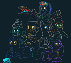 Size: 4200x3700 | Tagged: safe, artist:rupert, bow hothoof, bright mac, firelight, gentle breeze, hondo flanks, igneous rock pie, night light, earth pony, pegasus, pony, unicorn, g4, bipedal, boop, cheek fluff, colored sketch, dark background, father's day, flag, like father like daughter, like parent like child, minimalist, missing cutie mark, modern art, self-boop, sitting, smiling, straw in mouth