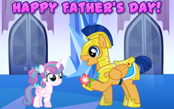 Size: 2064x1296 | Tagged: artist needed, safe, flash sentry, princess flurry heart, alicorn, pegasus, pony, g4, armor, crystal empire, cute, daaaaaaaaaaaw, father's day, father's day 2020, flower, friendship, hallway, heartwarming, honorary uncle, older, older flurry heart, present, royal guard armor, uncle flash