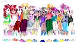 Size: 3988x2243 | Tagged: safe, artist:liaaqila, big macintosh, cheerilee, little mac, marble pie, sugar belle, oc, oc:alkali feldspar, oc:apple blossom (ice1517), oc:apple butter (ice1517), oc:apple crumble (ice1517), oc:dessert rose, oc:faded shine, oc:rutile, human, icey-verse, g4, :p, armpits, barefoot, bisexual, brother and sister, brothers, clothes, commission, dark skin, dress, eyes closed, family, father and child, father and daughter, father and son, feather, feet, female, fetish, foot fetish, grin, half-siblings, headband, high res, hoodie, humanized, jacket, jeans, laughing, lesbian, magical lesbian spawn, male, male feet, marbelle, mother and child, mother and daughter, mother and son, multicolored hair, offspring, one eye closed, open mouth, pants, parent:big macintosh, parent:cheerilee, parent:marble pie, parent:sugar belle, parents:cheerimac, parents:marbelle, parents:marbilee, parents:marblemac, parents:sugarlee, parents:sugarmac, polyamory, ship:cheerimac, ship:marblemac, ship:sugarmac, shipping, shirt, siblings, simple background, sisters, skirt, smiling, socks, soles, straight, striped socks, sugarlee, sugarmarilee, t-shirt, tank top, tickle torture, tickling, tongue out, traditional art, wall of tags, white background, wink