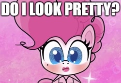 Size: 439x302 | Tagged: source needed, safe, edit, edited screencap, screencap, pinkie pie, earth pony, pony, g4.5, my little pony: pony life, princess probz, beautiful, caption, image macro, looking at you, makeup, pretty, question, text