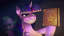 Size: 5120x2880 | Tagged: safe, artist:chopchopguy, spike, twilight sparkle, dragon, pony, unicorn, fanfic:the star in yellow, g4, book, chest fluff, dark background, evil smile, gravity falls, grin, high res, male, scared, simple background, smiling, unicorn twilight