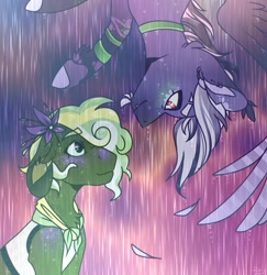 Size: 1911x1964 | Tagged: safe, artist:spookznspectres, oc, oc:olive oath, oc:rain, earth pony, pegasus, pony, blushing, eyebrows, feather, flower, flower in hair, freckles, loose feathers, rain, upside down