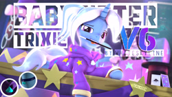 Size: 7680x4320 | Tagged: safe, artist:calveen, artist:whiteskyline, starlight glimmer, trixie, pony, unicorn, g4, 3d, alternate hairstyle, babysitter trixie, banner, cannon, card, clothes, diamond, hat, hoodie, jewelry, looking at you, magic stick, necklace, source filmmaker, stage, stars, text, top hat