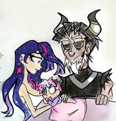 Size: 1647x1725 | Tagged: safe, artist:citi, lord tirek, twilight sparkle, oc, oc:tiara, alicorn, human, g4, the last problem, black sclera, family, female, horn, horned humanization, horns, humanized, interspecies offspring, male, mother and child, mother and daughter, offspring, older, older twilight, older twilight sparkle (alicorn), parent:lord tirek, parent:twilight sparkle, parents:twirek, princess twilight 2.0, straight, twilight sparkle (alicorn), twirek