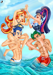 Size: 1000x1414 | Tagged: safe, artist:lord--opal, flash sentry, sci-twi, sunset shimmer, timber spruce, twilight sparkle, equestria girls, g4, abs, belly button, bikini, clothes, female, fight, human coloration, male, ocean, piggyback ride, ship:flashimmer, shipping, speedo, straight, summer, swimming trunks, swimsuit, timbertwi