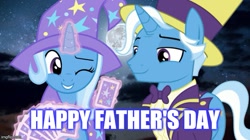 Size: 739x415 | Tagged: safe, jack pot, trixie, g4, caption, father and child, father and daughter, father's day, female, image macro, like father like daughter, like parent like child, male, meme, text