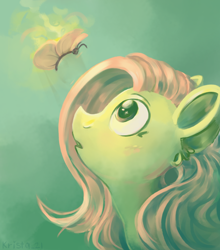 Size: 900x1021 | Tagged: safe, artist:krista-21, fluttershy, butterfly, pony, g4, bust, female, gradient background, looking at something, looking up, mare, open mouth, profile, solo