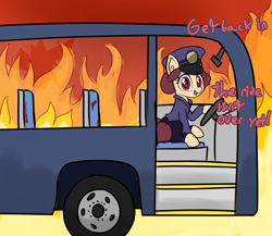 Size: 3210x2782 | Tagged: safe, artist:czu, oc, oc only, oc:miss persona, earth pony, pony, burning, bus, bus driver, dialogue, drawthread, female, fire, high res, looking at you, mare, miss persona, open mouth, ponified, sitting, smiling, solo, some mares just want to watch the world burn, the ride never ends, treehouse