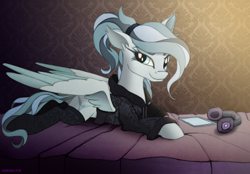 Size: 1582x1104 | Tagged: safe, artist:andaluce, oc, oc only, oc:haze northfleet, pegasus, pony, bed, clothes, female, headphones, hoodie, looking at you, mare, socks, solo, spread wings, wings