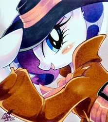 Size: 1818x2048 | Tagged: safe, artist:025aki, rarity, pony, unicorn, blushing, clothes, detective rarity, ear fluff, fedora, female, hat, looking at you, mare, open mouth, smiling, solo, traditional art