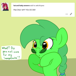 Size: 3000x3000 | Tagged: safe, artist:bigmackintosh, oc, oc only, oc:chic pea, earth pony, pony, answer, facial hair, female, food, high res, mangetout, mare, moustache, pea, pun, solo, tumblr