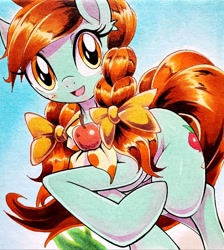 Size: 1836x2048 | Tagged: safe, artist:025aki, candy apples, earth pony, pony, g4, apple family member, blushing, bow, braid, female, hair bow, looking at you, mare, smiling, solo, traditional art