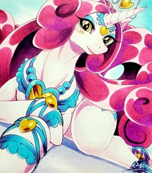 Size: 1806x2048 | Tagged: safe, artist:025aki, idw, princess amore, pony, unicorn, g4, blushing, colored pupils, crown, curly mane, female, horn, jewelry, looking at you, necklace, open mouth, regalia, signature, solo, traditional art, yellow eyes