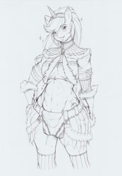 Size: 1043x1511 | Tagged: safe, artist:longinius, applejack, earth pony, anthro, unguligrade anthro, g4, abs, applebucking thighs, breasts, busty applejack, clothes, cosplay, costume, female, kirin armor, monster hunter, outfit, solo, tribal, tribal clothes, tribal clothing