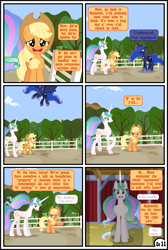 Size: 3255x4838 | Tagged: safe, artist:gutovi, applejack, princess celestia, princess luna, alicorn, earth pony, pony, comic:why me!?, g4, alternate ending, alternate hairstyle, applelestia, comic, denied, female, freckles, imminent punishment, impending doom, it was at this moment that she knew she fucked up, lecture, lesbian, missing accessory, now you fucked up, pigtails, scolding, shipping, shipping denied, sweat, sweatdrop, sweet apple acres