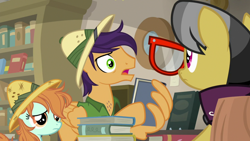 Size: 1920x1080 | Tagged: safe, screencap, a.k. yearling, endeavour, peach fuzz, pegasus, pony, daring doubt, g4, female, glasses, male, mare, stallion, wing hands, wings