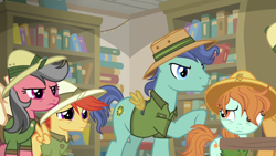 Size: 1920x1080 | Tagged: safe, screencap, compass course, endeavour, peach fuzz, rose compass, viewfinder (g4), earth pony, pegasus, pony, daring doubt, g4, angry, colt, fake wings, female, filly, foal, hat, male, mare, messy mane, stallion