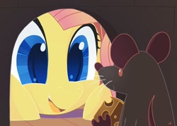 Size: 1024x735 | Tagged: safe, artist:docwario, fluttershy, mouse, pegasus, pony, g4, cheese, colored pupils, cute, female, food, mouse hole, open mouth, shyabetes, solo
