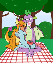 Size: 2284x2710 | Tagged: safe, artist:aaron amethyst, ocellus, smolder, spike, changedling, changeling, dragon, g4, bedroom eyes, bisexual, blushing, bush, candy, cuddling, cute, diaocelles, female, food, high res, lesbian, lesbian in front of boys, lidded eyes, lollipop, male, older, older ocellus, older smolder, older spike, outdoors, picnic, polyamory, ship:smolcellus, ship:spikellus, ship:spolder, shipping, sky, smolderbetes, spikabetes, spike gets all the mares, spolcellus, straight, tongue out, tree