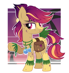 Size: 2191x2315 | Tagged: safe, artist:beautifulspaceshow, oc, oc only, oc:tropical oasis (ice1517), earth pony, pony, bag, bedroom eyes, bottle, ethereal mane, female, freckles, grass, high res, jewelry, mare, markings, multicolored hair, necklace, palm tree, potion, raised hoof, saddle bag, solo, starry mane, tree, underhoof