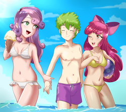 Size: 2164x1920 | Tagged: safe, alternate version, artist:thebrokencog, apple bloom, spike, sweetie belle, human, g4, anime, bikini, clothes, commission, female, food, humanized, ice cream, male, ship:spikebelle, ship:spikebloom, shipping, straight, swimsuit, water