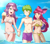 Size: 2164x1920 | Tagged: safe, alternate version, artist:thebrokencog, apple bloom, spike, sweetie belle, human, g4, anime, bikini, clothes, commission, female, food, humanized, ice cream, male, ship:spikebelle, ship:spikebloom, shipping, straight, swimsuit, water