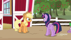 Size: 800x450 | Tagged: safe, applejack, spike, twilight sparkle, alicorn, dragon, pony, g4, harvesting memories, my little pony: friendship is forever, 9now, animated, barn, butt, door, door slam, female, flying, gif, mare, plot, pushing, sweet apple acres, twilight sparkle (alicorn), winged spike, wings