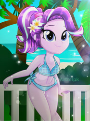 Size: 1800x2401 | Tagged: safe, artist:artmlpk, starlight glimmer, equestria girls, g4, adorable face, adorasexy, adorkable, alternate hairstyle, beach, bikini, clothes, cute, digital art, dork, female, flower, flower in hair, glimmerbetes, hips, looking at you, ocean, palm tree, plant, ponytail, scrunchie, sexy, smiling, smiling at you, solo, swimsuit, thighs, tree, two-piece swimsuit, water, watermark
