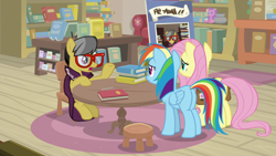 Size: 1920x1080 | Tagged: safe, screencap, a.k. yearling, fluttershy, rainbow dash, pegasus, pony, daring doubt, g4, book, bookshelf, butt, clothes, female, glasses, mare, plot
