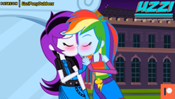 Size: 713x404 | Tagged: safe, artist:uzzi-ponydubberx, rainbow dash, oc, oc:estellasombria, equestria girls, g4, bedroom eyes, blushing, canon x oc, canterlot high, clothes, eyes closed, fall formal outfits, female, fingerless gloves, gloves, holding hands, kissing, lesbian, patreon, patreon logo, red and black oc, shadowdash, shipping, sleeveless