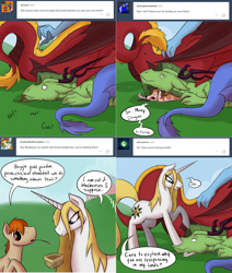 Size: 2562x3026 | Tagged: safe, artist:professor-ponyarity, prince blueblood, oc, oc:maxi, oc:rye, dragon, earth pony, pony, wolf, tumblr:ask rye dimar dragon, g4, high res, princess bluebelle, rule 63