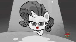 Size: 1920x1078 | Tagged: safe, screencap, pinkie pie, rarity, earth pony, pony, unicorn, g4.5, my little pony: pony life, princess probz, animated, black and white, blowing a kiss, cute, female, grayscale, lips, lipstick, musical instrument, noir, partial color, playing with hair, pretty, rarity being rarity, red lipstick, saxophone, sound, talking, treehouse logo, webm