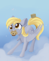 Size: 1173x1443 | Tagged: safe, artist:dusthiel, derpy hooves, pegasus, pony, g4, atg 2020, chest fluff, cloud, cute, derpabetes, female, food, leg fluff, mare, mouth hold, muffin, newbie artist training grounds, on a cloud, sky, solo, that pony sure does love muffins
