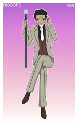 Size: 1920x3120 | Tagged: safe, artist:banquo0, discord, human, art pack:my little persona, g4, cane, clothes, humanized, male, shoes, solo, suit