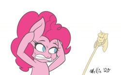Size: 1600x1000 | Tagged: safe, artist:melliedraws, pinkie pie, earth pony, ghost, pony, undead, g4, female, heart nostrils, mare, scared, scepter, simple background, solo, sweat, twilight scepter, white background