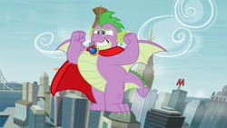 Size: 1280x720 | Tagged: safe, artist:abion47, artist:aleximusprime, artist:disneymarvel96, edit, vector edit, spike, dragon, g4, brooch, cape, chubby, city, clothes, flying, male, manehattan, muscles, older, older spike, solo, superhero, superman, vector, winged spike, wings