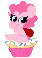 Size: 1463x2048 | Tagged: safe, artist:kittyrosie, pinkie pie, earth pony, pony, blushing, cherry, chest fluff, cupcake, cute, diapinkes, female, food, mare, open mouth, ponies in food, simple background, sitting, solo, white background