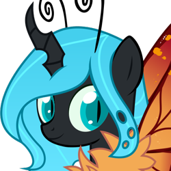 Size: 500x500 | Tagged: safe, artist:paradiseskeletons, artist:the smiling pony, oc, oc only, oc:queen fylifa, changeling, changeling queen, nymph, g4, .svg available, antenna, blue changeling, butterfly wings, changeling queen oc, looking at you, simple background, smiling, solo, svg, transparent background, vector, wings, younger