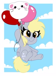 Size: 1506x2048 | Tagged: safe, artist:kittyrosie, derpy hooves, pegasus, pony, g4, balloon, blushing, cloud, cute, derpabetes, female, floating, flying, heart balloon, mare, sky, smiling, solo