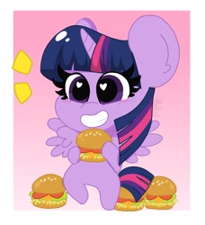 Size: 1867x2048 | Tagged: safe, artist:kittyrosie, twilight sparkle, alicorn, pony, bipedal, blushing, burger, chibi, cute, female, food, happy, hay burger, heart eyes, mare, smiling, solo, that pony sure does love burgers, twiabetes, twilight burgkle, twilight sparkle (alicorn), wingding eyes
