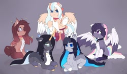 Size: 1024x599 | Tagged: safe, artist:drarkusss0, oc, oc only, earth pony, pegasus, pony, unicorn, cute, deviantart watermark, female, flying, group, lying down, obtrusive watermark, sitting, watermark