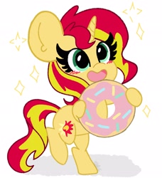 Size: 1867x2048 | Tagged: safe, artist:kittyrosie, sunset shimmer, pony, unicorn, bipedal, blushing, cute, donut, female, food, hoof hold, mare, open mouth, shimmerbetes, simple background, solo, white background