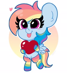 Size: 1867x2048 | Tagged: safe, artist:kittyrosie, rainbow dash, pegasus, pony, g4, :p, abstract background, bipedal, blushing, clothes, cute, dashabetes, female, heart, hoof hold, mare, rainbow socks, socks, solo, striped socks, tongue out, weapons-grade cute