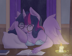 Size: 3300x2550 | Tagged: safe, artist:lottieloveart, twilight sparkle, alicorn, anthro, adorasexy, blushing, book, breast rest, breast squish, breasts, busty twilight sparkle, candle, cleavage, clothes, cute, desk, eyelashes, female, frilly, glasses, lips, meganekko, messy mane, night, nightgown, off shoulder, open mouth, pillow, round glasses, sexy, sleeping, solo, studying, twiabetes, twilight sparkle (alicorn), wings