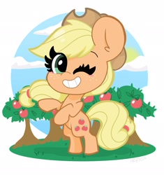 Size: 1928x2048 | Tagged: safe, artist:kittyrosie, part of a set, applejack, earth pony, pony, g4, apple, apple tree, blushing, cloud, cute, female, jackabetes, kittyrosie is trying to murder us, looking at you, mare, one eye closed, rearing, sky, smiling, solo, sun, tree, wink